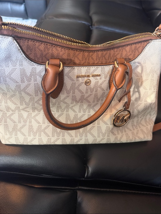 Michael Kors Handbags - Michael Kors Cream & Brown Signature Logo Satchel with Gold Hardware